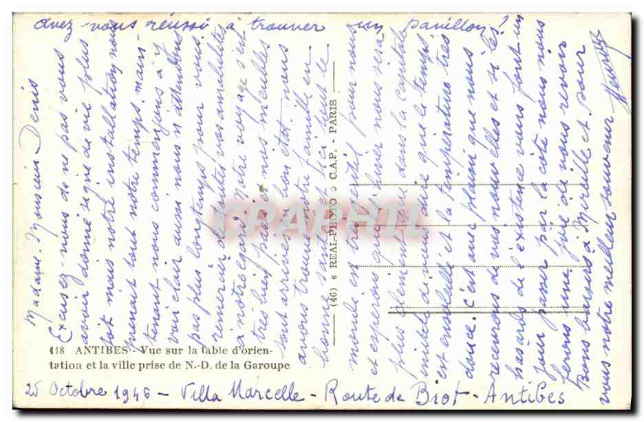 Vue sur la ville d'Antibes et la baie de Garoupe — Villa Marcelle — Route de Biot — Antibes — Verso