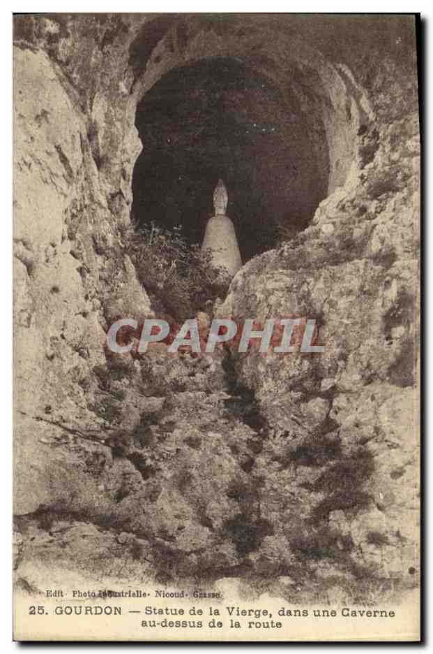 Gourdon — Statue de la Vierge dans une caverne au-dessus de la route — Photo Industrielle, Nicoud, Grasse