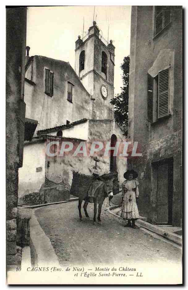 CPA Cagnes Montee du Chateau et l Eglise Saint Pierre Ane Mule