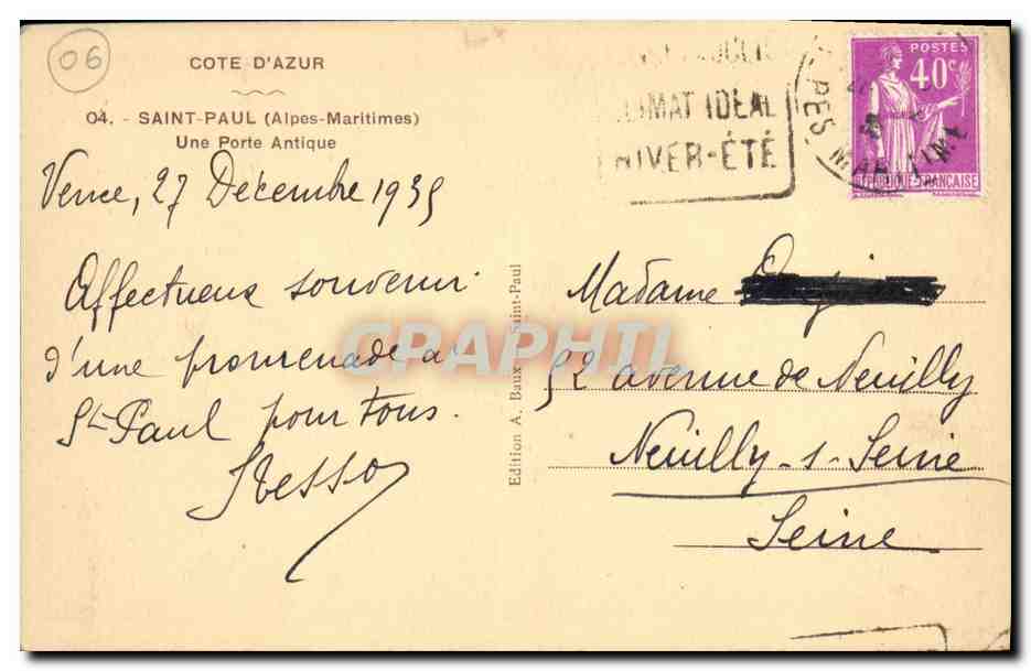 CPA Cote d Azur Saint Paul Une Porte Antique — Rückseite
