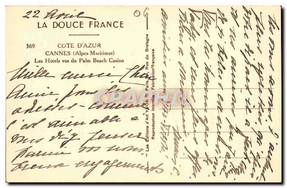 CPA Cannes Les Hotels vus du Palm Beach Casino — Rückseite