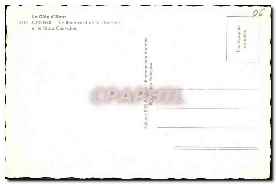 CPA Cannes Le Boulevard de la Croisette et le Mont Chevalier — Rückseite