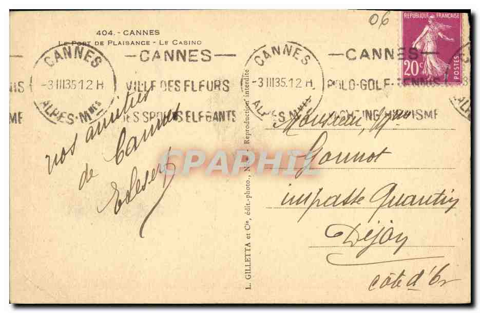 CPA Cannes Le Port de Plaisance Le Casino Bateaux — Rückseite