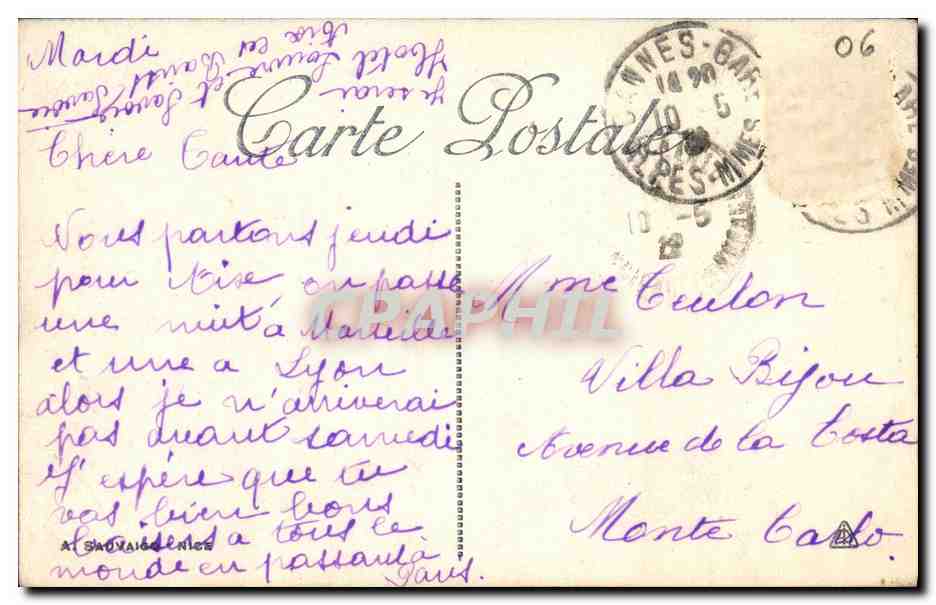 CPA Cannes Les Mouettes Le Casino Municipal et le Mont Chevalier  — Rückseite