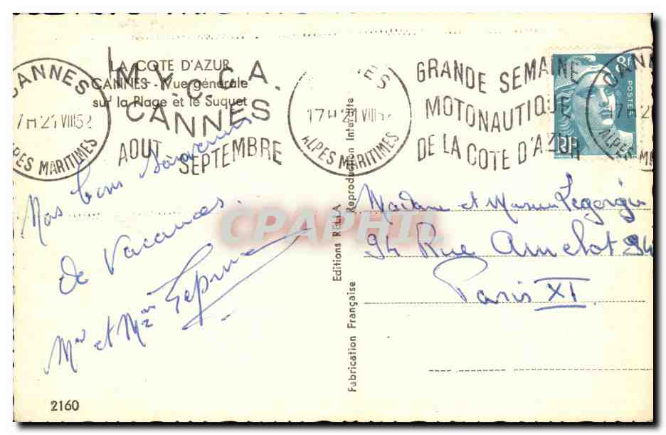CPA La Cote D Azur Cannes Vue generale sur la Plage et le Suquet — Rückseite