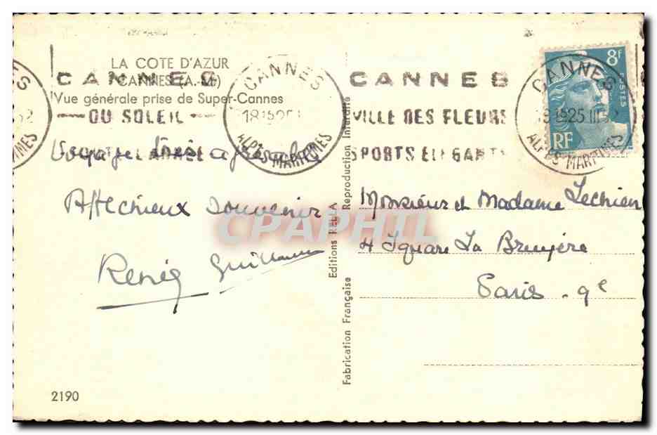 CPA La Cote D Azur Cannes Vue generale prise de Super Cannes — Verso