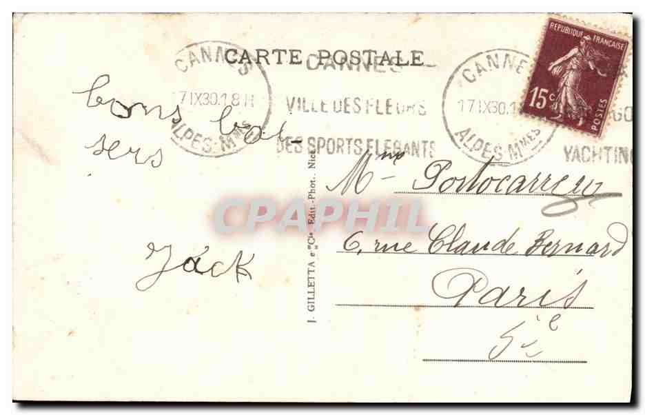 CPA Cannes Le Casino et la Promenade — Verso