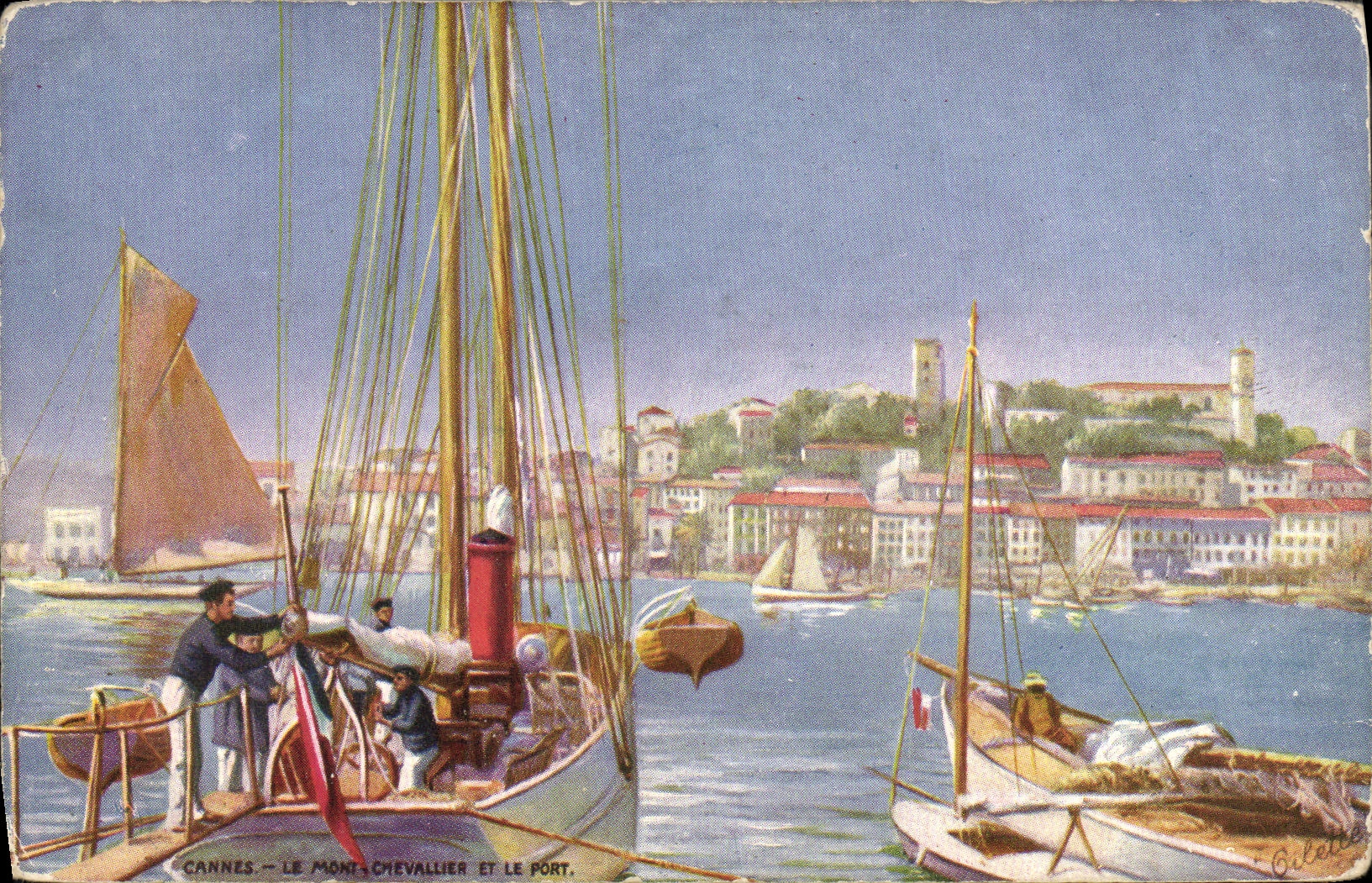 CPA Cannes Le Mont Chevalier et le port Bateaux