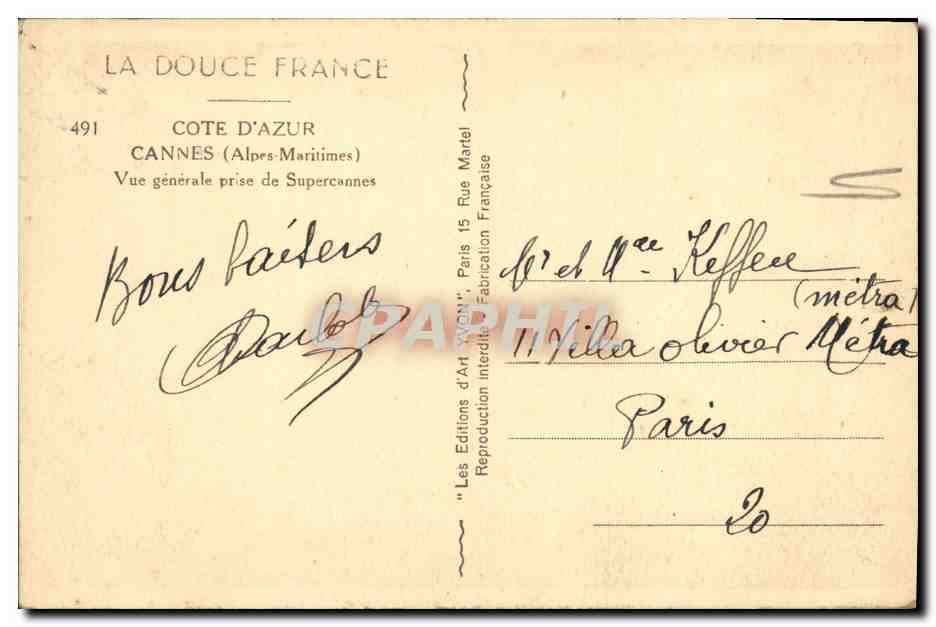 CPA Cannes Vue Generale Prise de Supercannes — Verso
