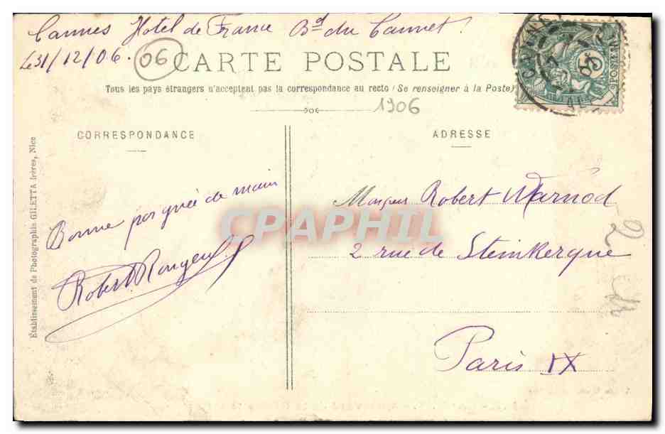 CPA Cannes Boulevard de la Croisette et Casino — Verso