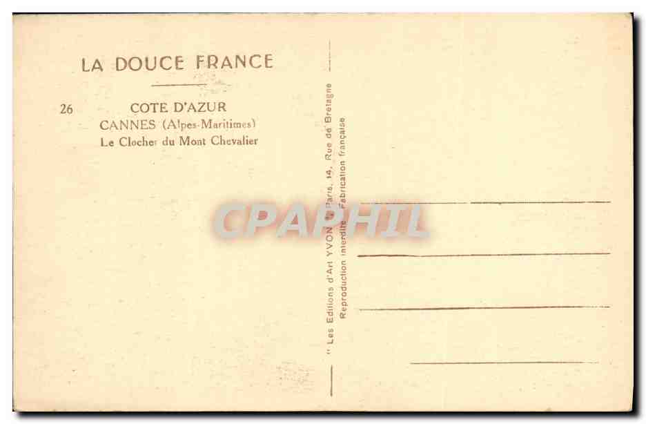 CPA Cannes Le Clocher du Mont Chevalier — Rückseite