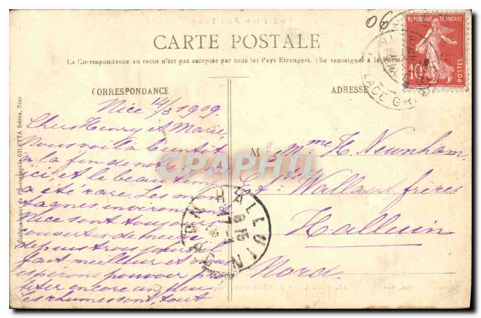 CPA Nice Jardin des Palmiers et Casino — Rückseite