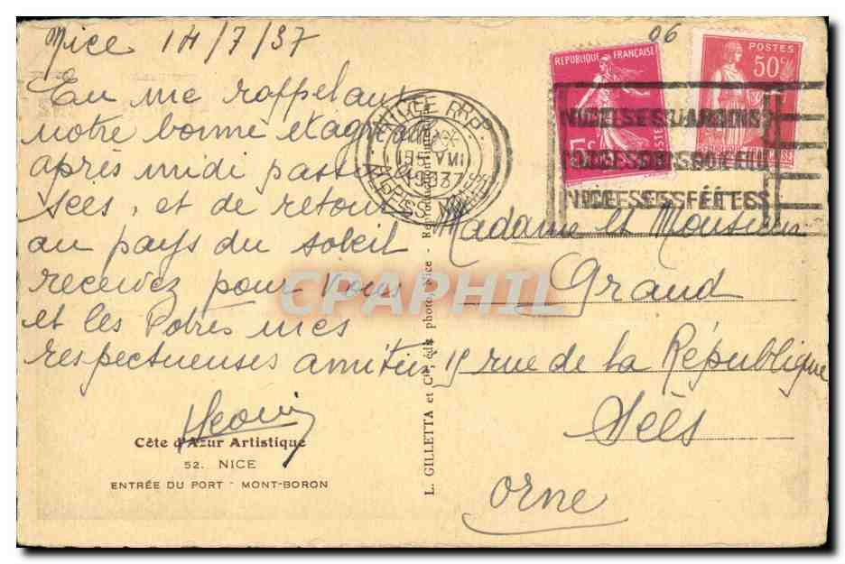 CPA Nice Entree Du Port Mont Boron — Rückseite