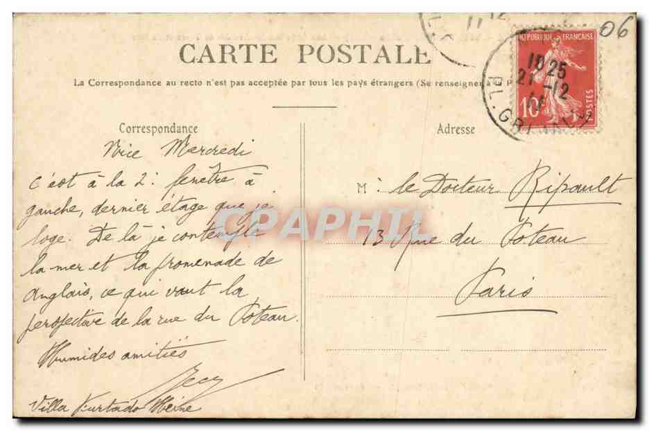 CPA Nice Villa Furtado Heine Aux officiers des armees de terre et de mer Militaria — Back