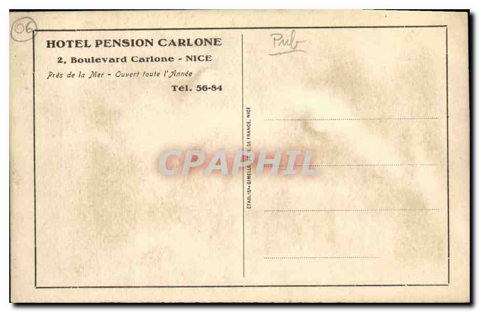 CPA Nice Boulevard Carione Hotel Pension Carlone  — Rückseite