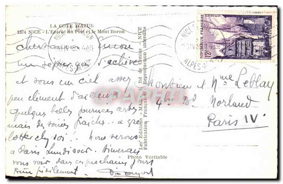 CPM Nice L Entree du port et le Mont Boron Bateau — Verso