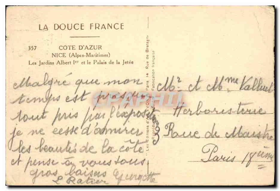 CPA Nice Les Jardins Albert et le Palais de la Jetee — Rückseite