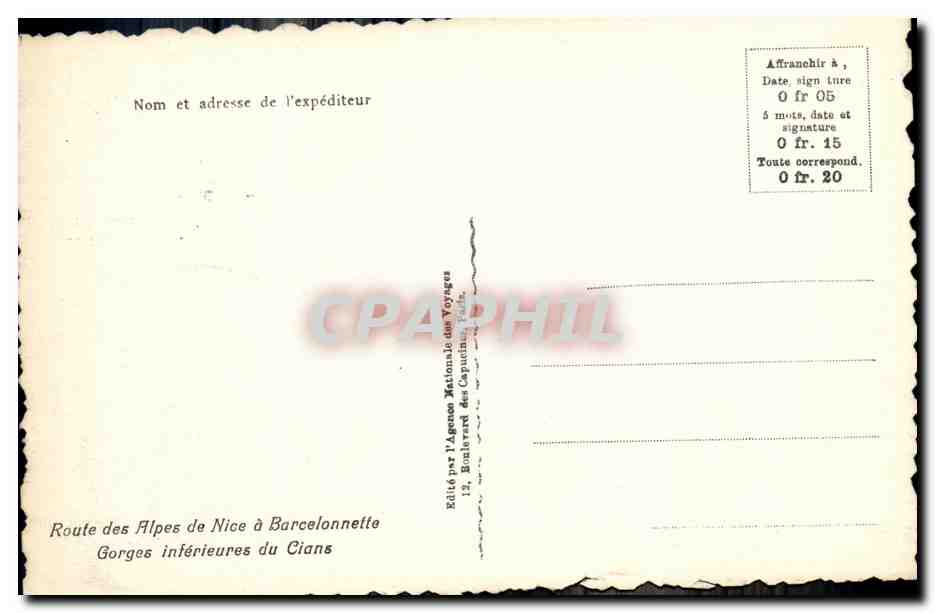 CPA Route des Alpes de Nice a Barcelonnette Gorges inferieures du Cians — Rückseite
