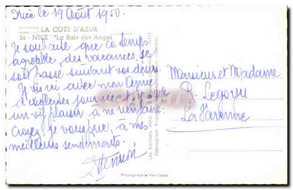 CPA Nice La Bale des Anges — Verso