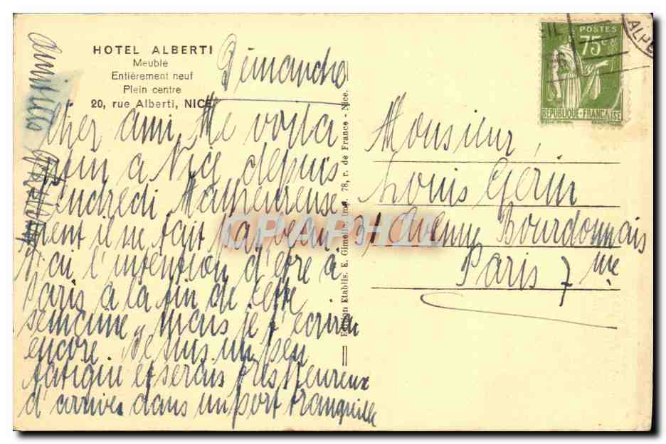 CPA Hotel Alberti Meuble Entierement neuf plein centre rue Alberti Nice  — Rückseite