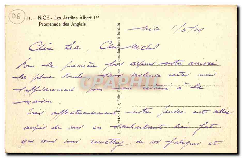 CPA Nice Les Jardin Albert 1er Promenade des Anglais — Rückseite
