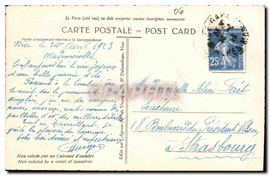 CPA Nice Saluee par un Cuirasse d escadre Bateau — Verso