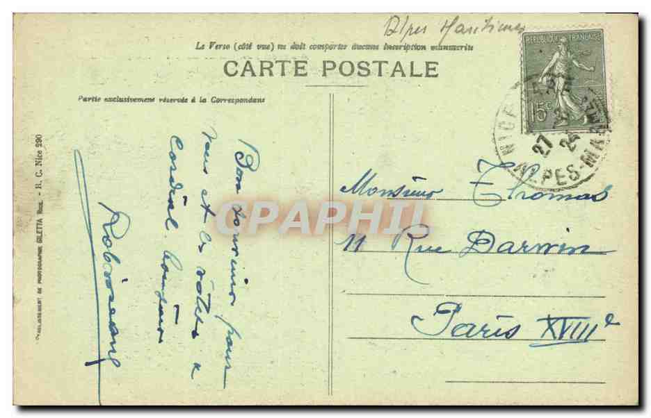CPA Nice Jardin Albert Ier et Casino Municapl — Rückseite