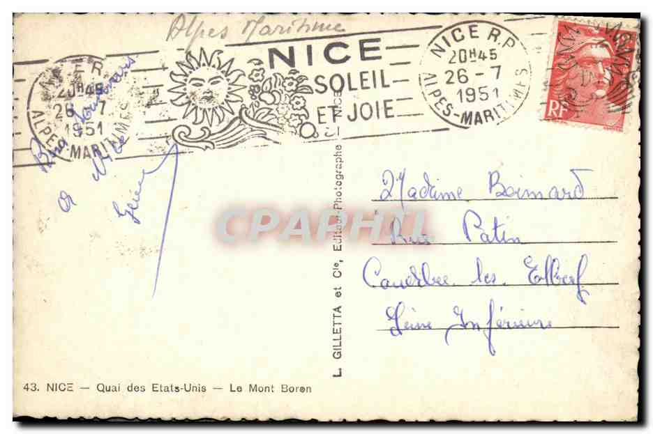 CPA Nice Quai des Etats Unis Le Mont Boron — Verso