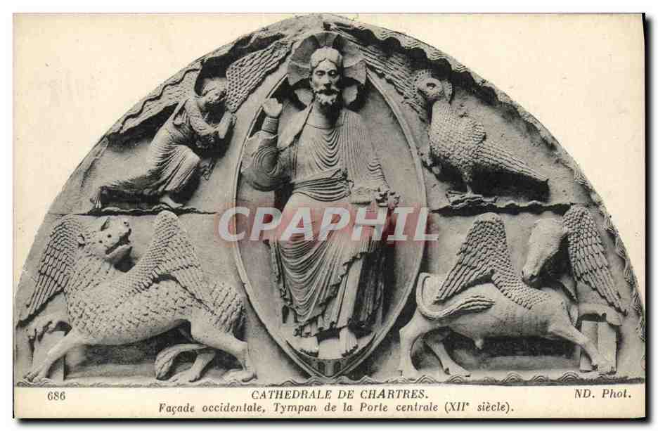 Cathédrale de Chartres — Façade occidentale, tympan de la porte centrale (XIIe siècle) — ND. Phot.