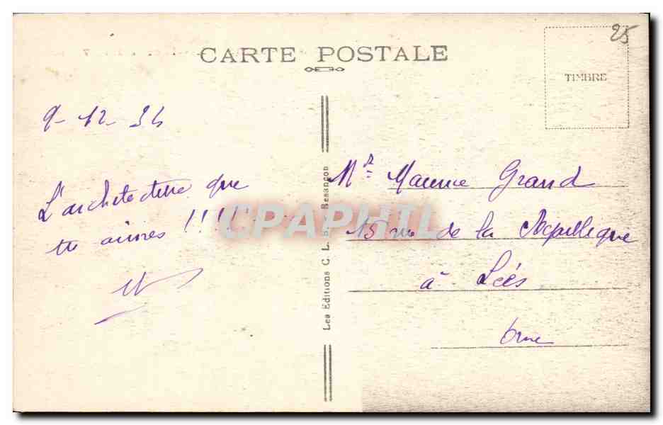 Besançon-les-Bains — Hôtels de la Gare Viotte — Éditions C. L. Besançon, n° 194 — Rückseite