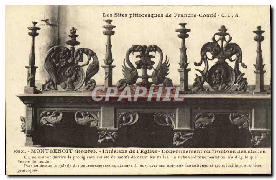 Montbenoît (Doubs) — Intérieur de l'Église — Couronnement ou frontons des stalles — C. L., B.
