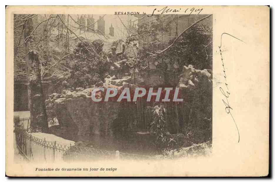 Fontaine de Granvelle — un jour de neige — Besançon, éditée par l'Imprimerie de Besançon