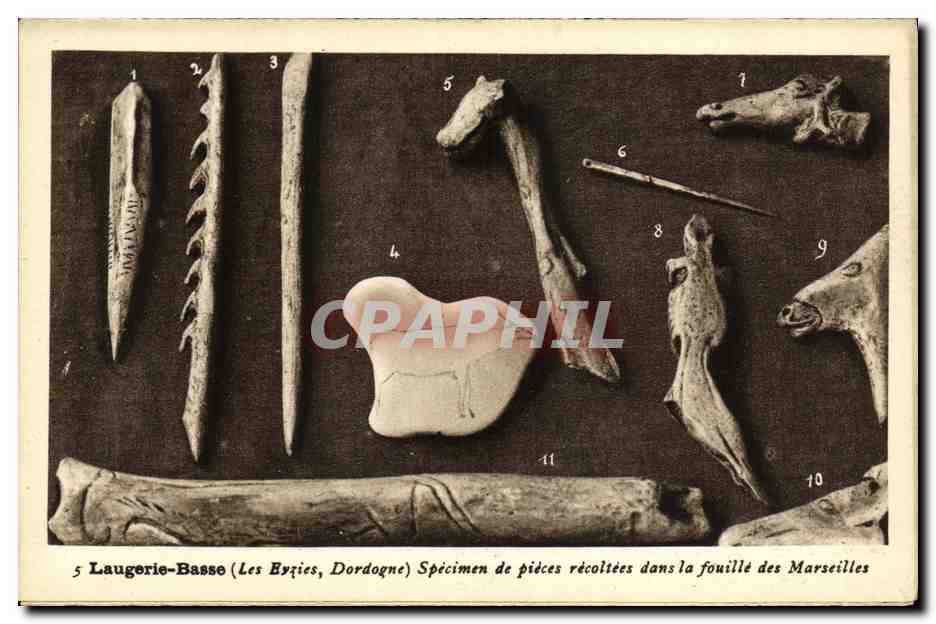 Laugerie-Basse (Les Byzies, Dordogne) — Spécimen de pièces récoltées dans la fouille des Marseille — Phototypie Hélio François