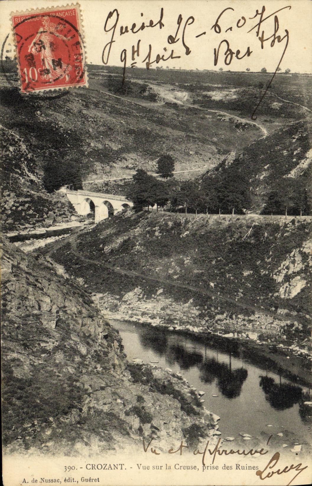 Vue sur la Creuse, prise des Ruines — Crozant — A. de Nussac, édit. Guéret, n°390