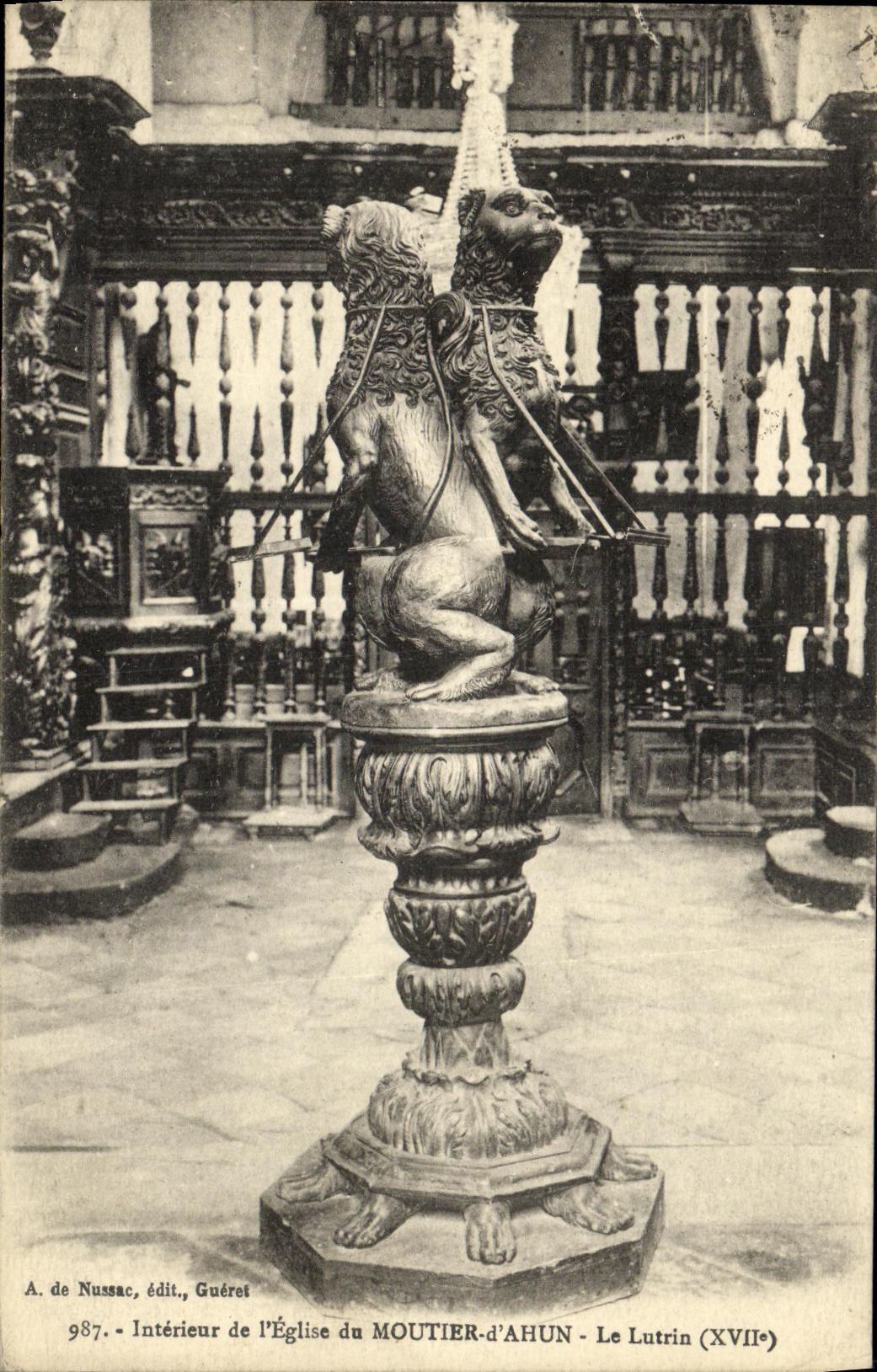 Intérieur de l'Église du MOUTIER-d'AHUN — Le Lutrin (XVIIe) — A. de Nussac, édit., Guéret