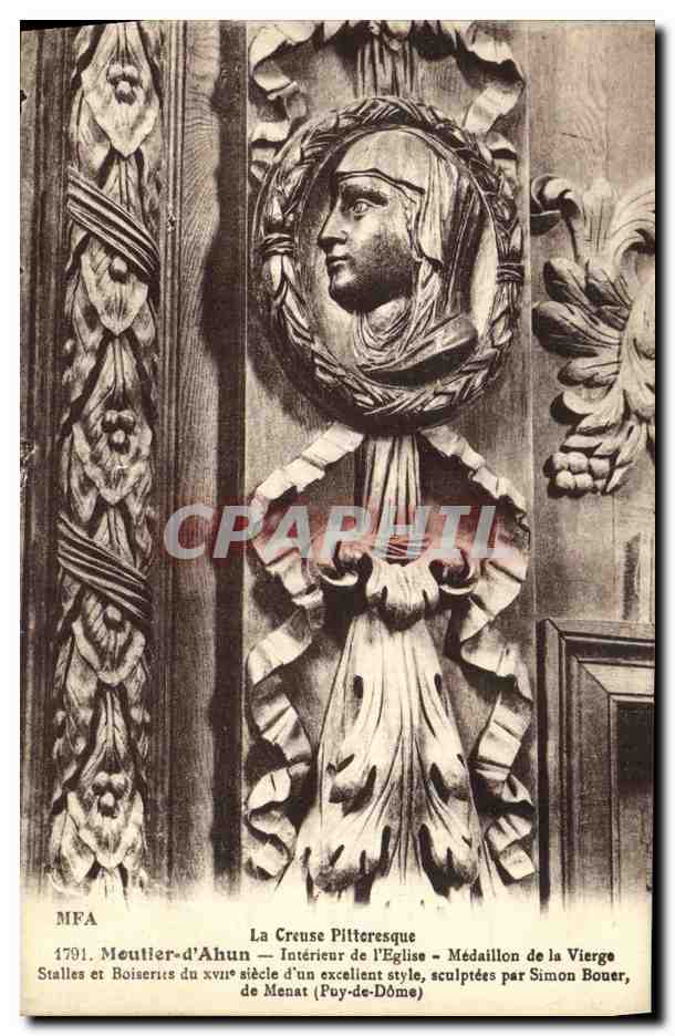 Moutier-d'Ahun — Intérieur de l'église — Médailлон de la Vierge, stalles et boiseries du XVIIe siècle d'un excellent style, sculptées par Simon Bouer, de Menat (Puy-de-Dôme)