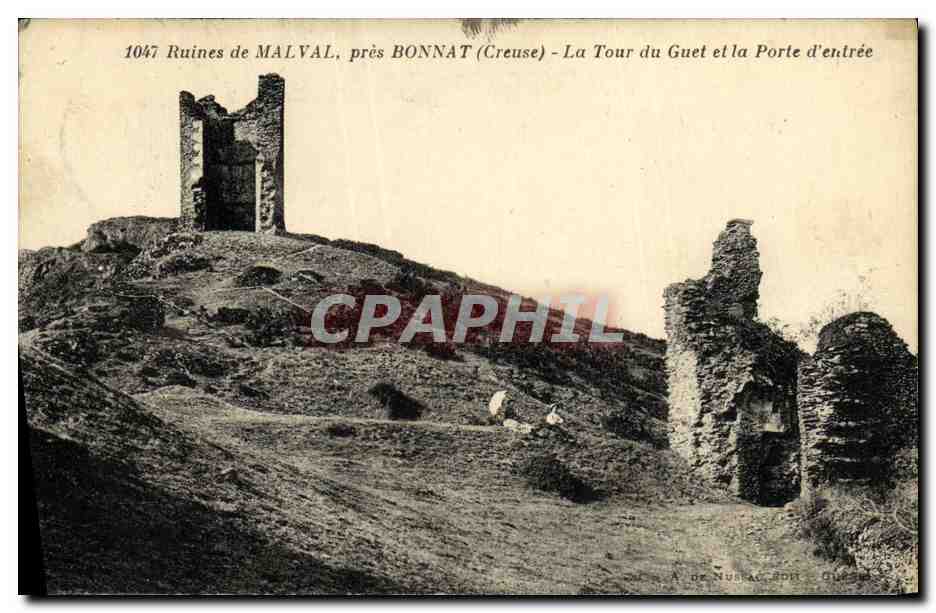 Ruines de MALVAL près BONNAT (Creuse) — La Tour du Guet et la Porte d'entrée — A. de NUSTAC, 1047