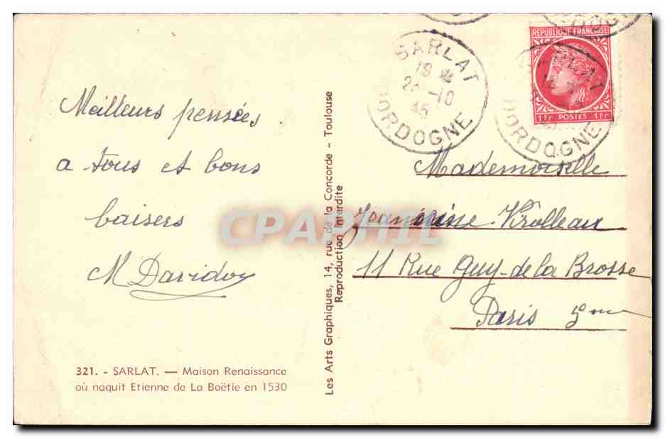 CPA Sarlat Maison Renaissance  — Rückseite