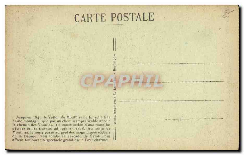 Vallée de la Loue — Route de Pontarlier aux pieds des Rochers de la Baume — C.L.B. n°601 — Verso