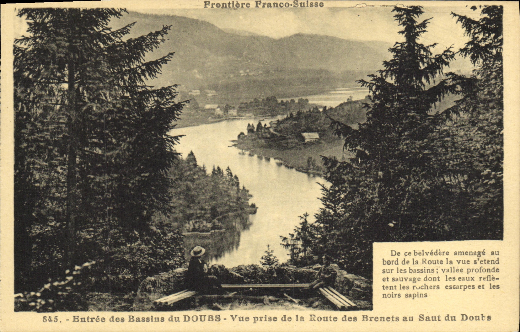 Eingang zu den Bassins du Doubs — Aussicht vom Route des Brenets — Grenze Frankreich-Schweiz — Editions C. L. Besançon, Nr. 845