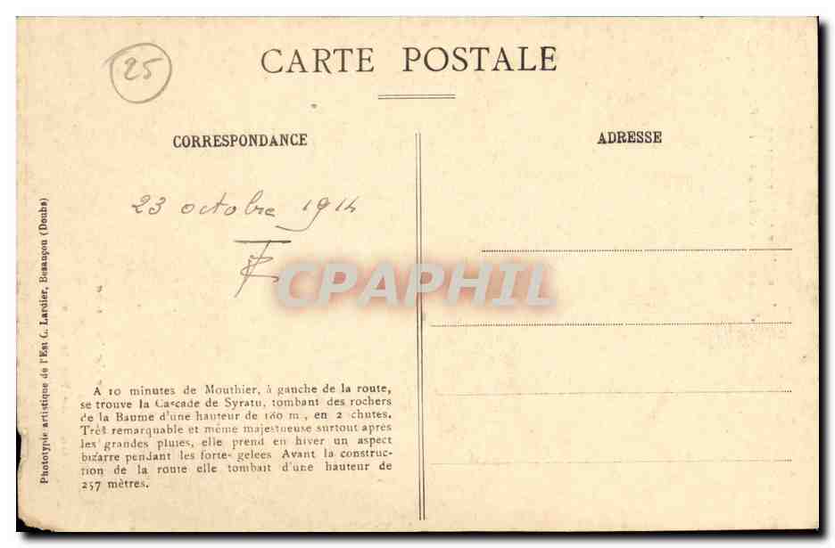 CPA Vallee de la Loue Mouthier Hte Pierre Route de Pontarlier Cascade de Syratu — Verso