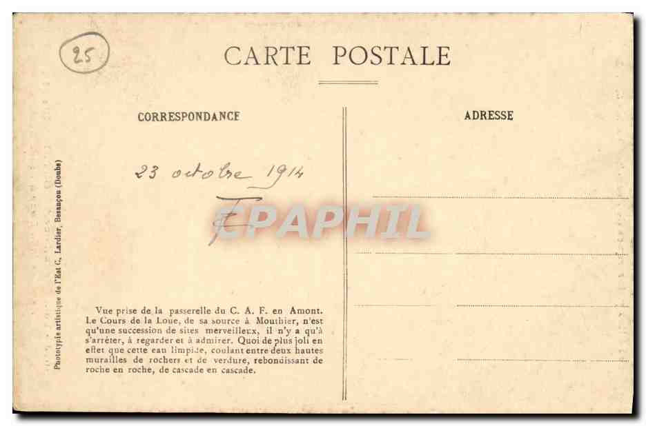 CPA Vallee de la Loue Mouthier Hte Pierre Ravides de la Loue a Entre Rochers — Rückseite