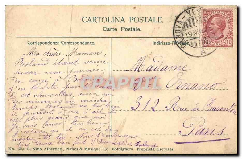 CPA Bordighera Paese allo fra gli Ullvi — Rückseite