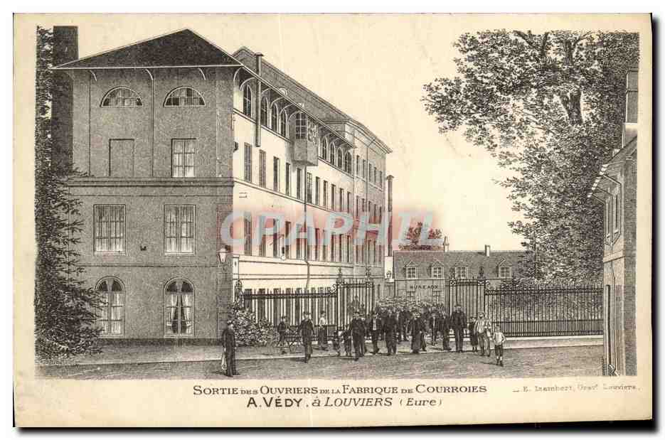 Sortie des ouvriers de la fabrique de Courroies à Louviers (Eure) — A. Védy — Éditeur J. E. Lembert, Grav. Louviers