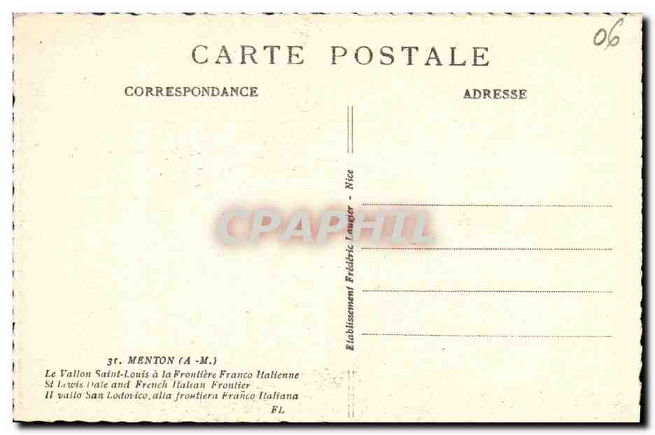 CPA Menton Le vallon Saint Louis a la frontiere Franco italienne  — Rückseite