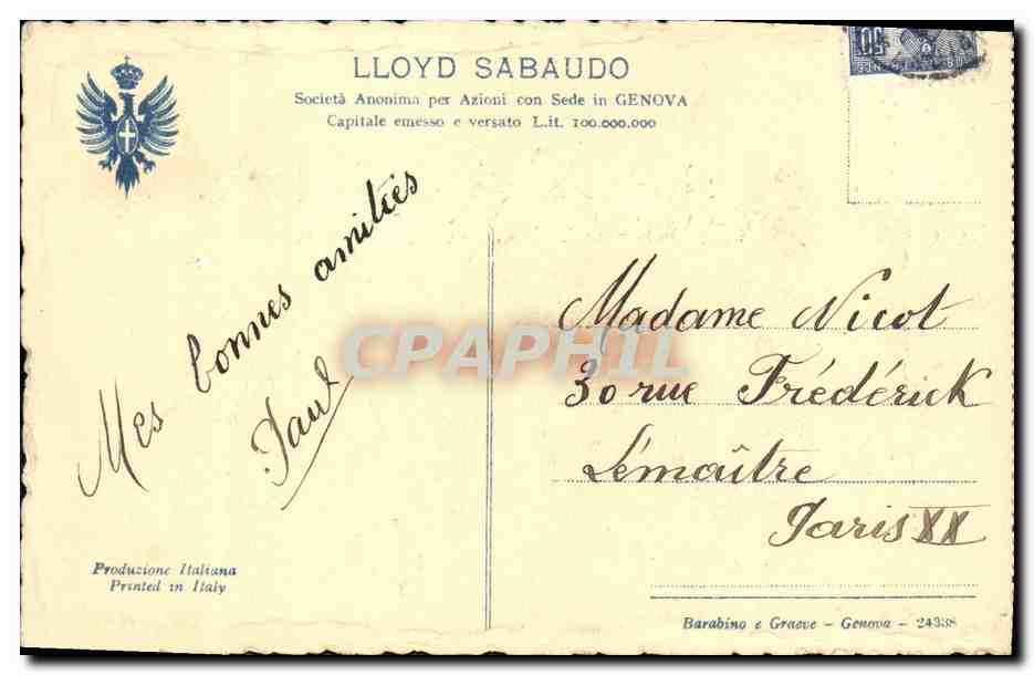 CPA Conte Rosso Lower Saloon Surrender of Nice  — Rückseite