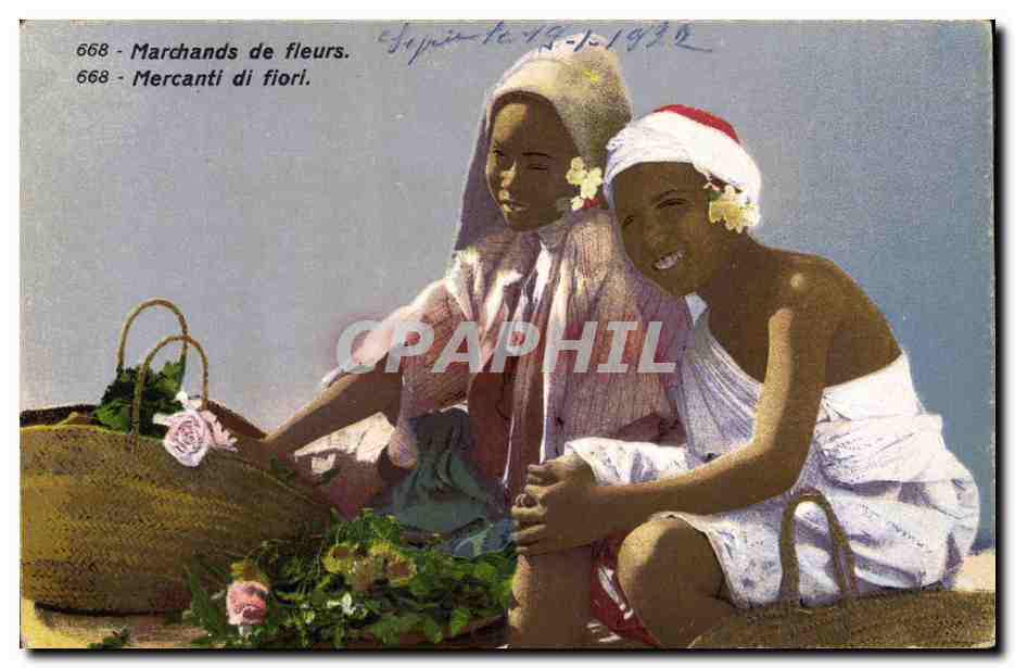 CPA Machands de fleurs Au dos Cachet Armee du levant Cavalerie 
