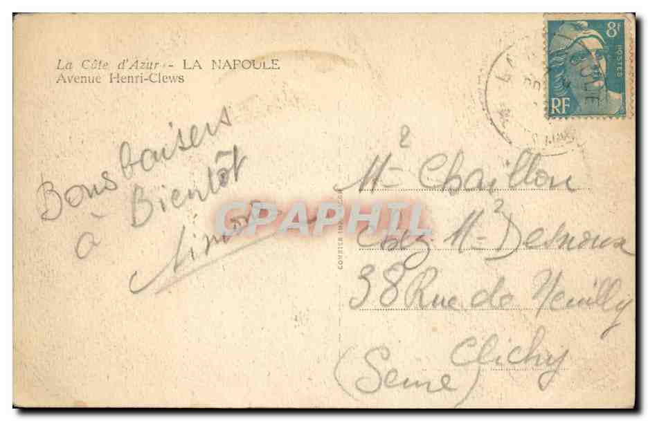 CPA La Napoule Avenue Henri Clews — Rückseite