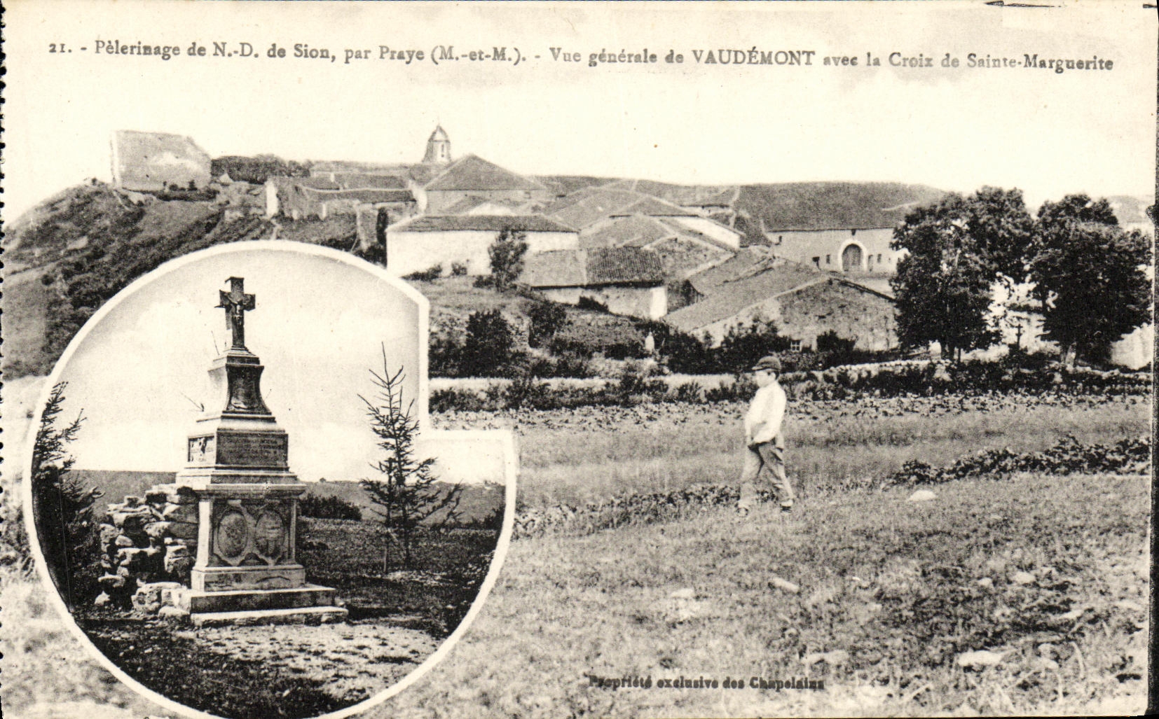 Pèlerinage de N.-D. de Sion, par Praye (M.-st-M.) — Vue générale de VAUDÉMONT avec la Croix de Sainte-Marguerite — Propriété exclusive des Chapelains