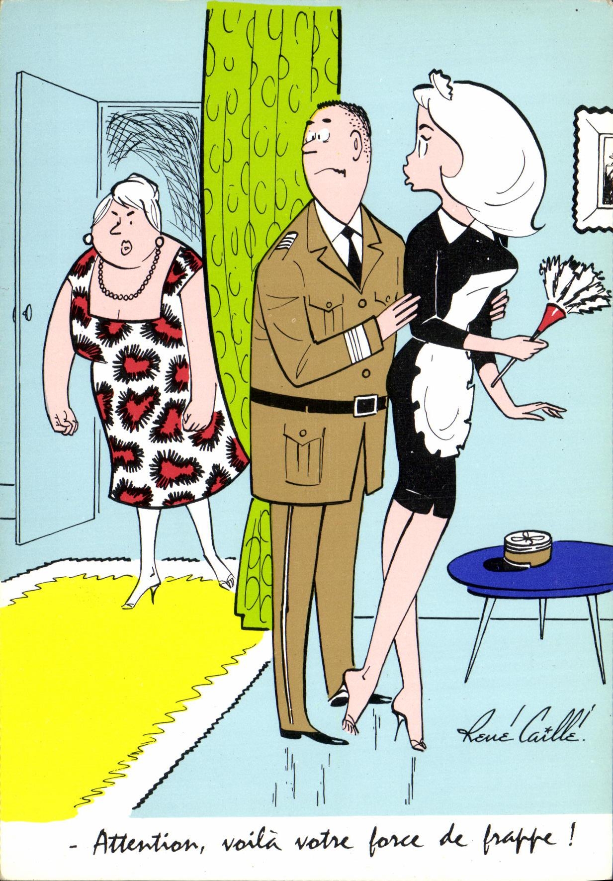 Scène humoristique — militaire et femme de ménage — dessin de René Cattlé